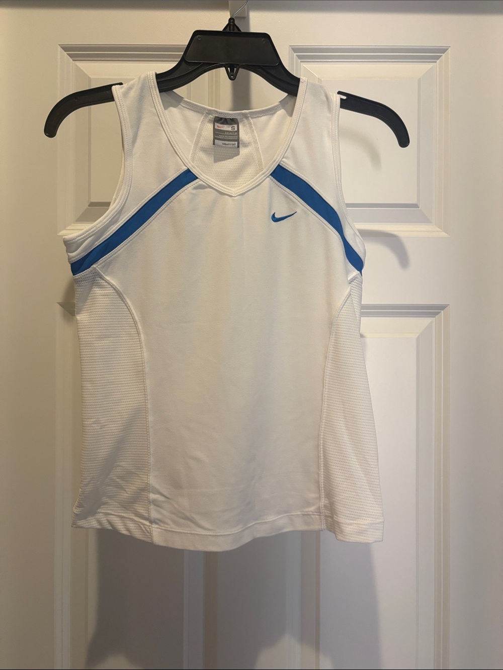 Nike White Tank Top with Blue Trim- 92% polyester, 8% spandex